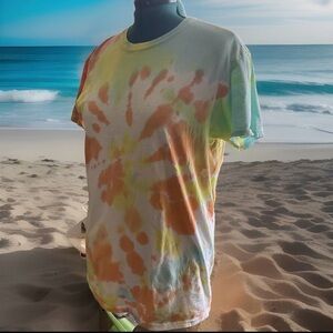 Gildan Tye Dye Size L Women’s T Shirt Short Sleeves Yellow Orange Blue Green